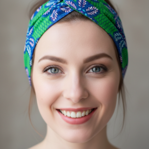 Femme souriante portant un headband élastiqué Happyfanny en tissu wax aux motifs verts et mauve. Sur cette photo, c'est le look "croisé, tourné, rentré" appris lors de nos Happy Ateliers !