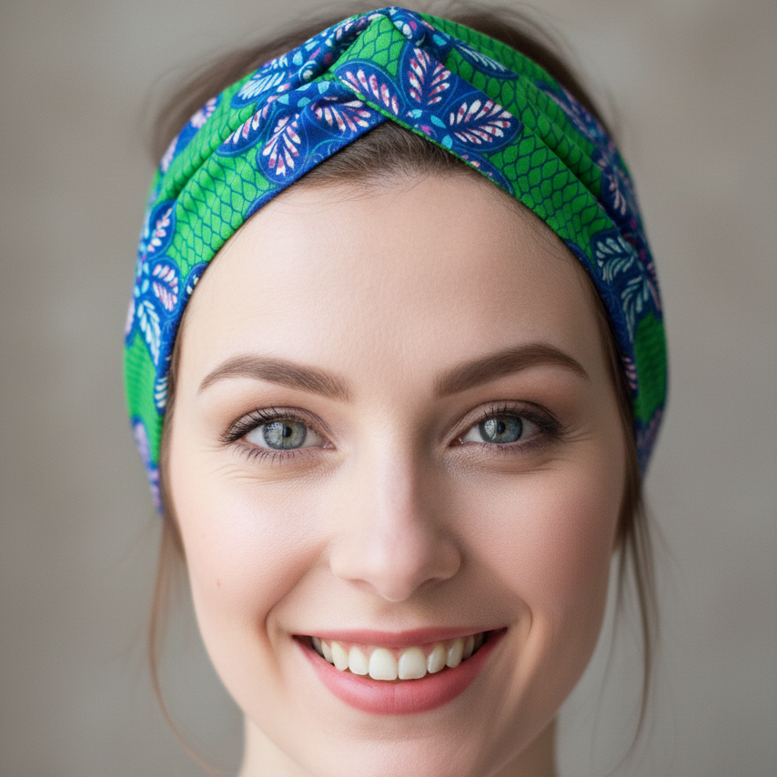 Femme souriante portant un headband élastiqué Happyfanny en tissu wax aux motifs verts et mauve. Sur cette photo, c'est le look "croisé, tourné, rentré" appris lors de nos Happy Ateliers !