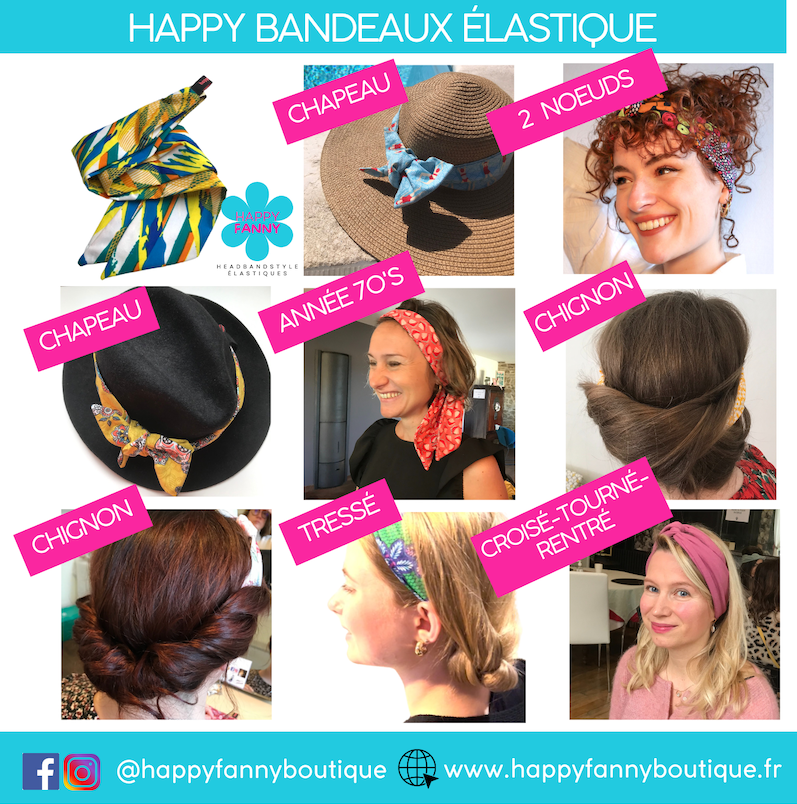 Différentes façons de porter le bandeau élastique : autour d'un chapeau, intégré dans un chignon, avec une tresse, ou noué avec un style croisé et tourné