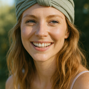 Portrait en lumière naturelle d’une femme aux cheveux mi-longs portant un bandeau vert olive en double gaze noué sur le dessus de la tête.
