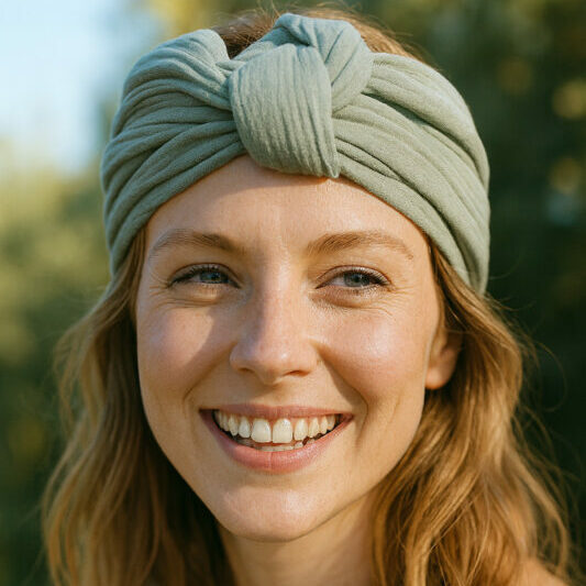 Portrait en lumière naturelle d’une femme aux cheveux mi-longs portant un bandeau vert olive en double gaze noué sur le dessus de la tête.