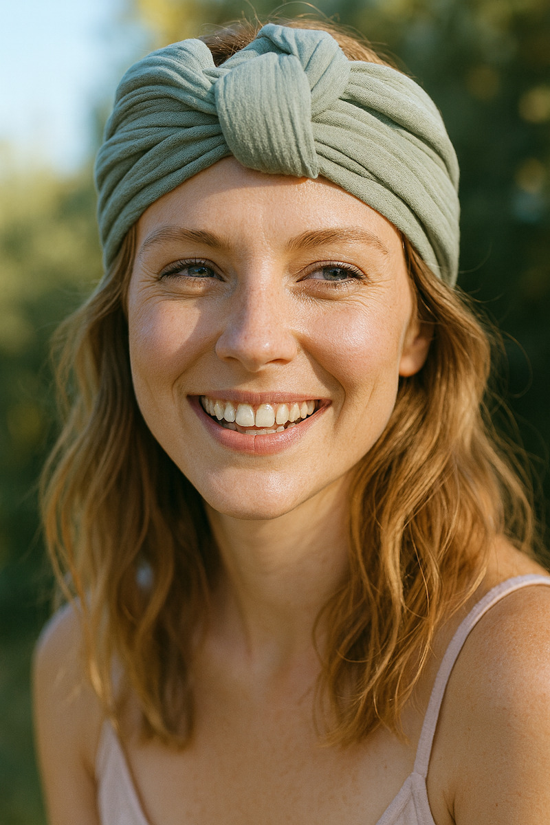 Portrait en lumière naturelle d’une femme aux cheveux mi-longs portant un bandeau vert olive en double gaze noué sur le dessus de la tête.