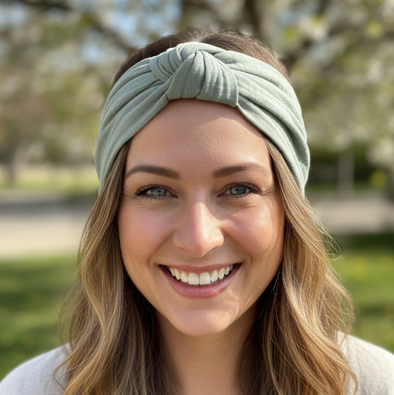 Bandeau cheveux vert olive en double gaze porté par une femme souriante