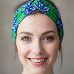 Femme souriante portant un headband élastiqué Happyfanny en tissu wax aux motifs verts et mauve. Sur cette photo, c'est le look "croisé, tourné, rentré" appris lors de nos Happy Ateliers !