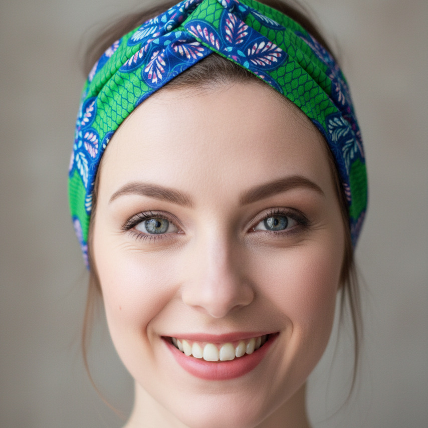 Femme souriante portant un headband élastiqué Happyfanny en tissu wax aux motifs verts et mauve. Sur cette photo, c'est le look "croisé, tourné, rentré" appris lors de nos Happy Ateliers !