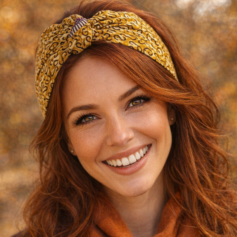 Femme souriante aux cheveux auburn cuivrés portant un bandeau élastiqué jaune à imprimé noir et violet, ambiance automnale chaleureuse, accessoire artisanal Happyfanny cousu à Lille.