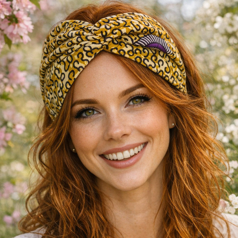 Femme souriante aux cheveux auburn dorés portant un bandeau fil gainé en wax marron et détail violet, ambiance printanière fleurie, accessoire cousu à Lille signé Happyfanny.