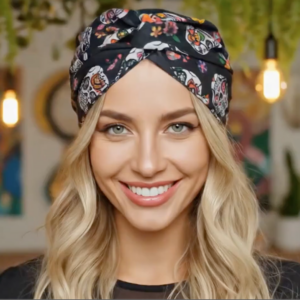 Femme blonde avec bandeau calaveras multicolore style bohème, accessoire mode original porté dans un bar ambiance festive.