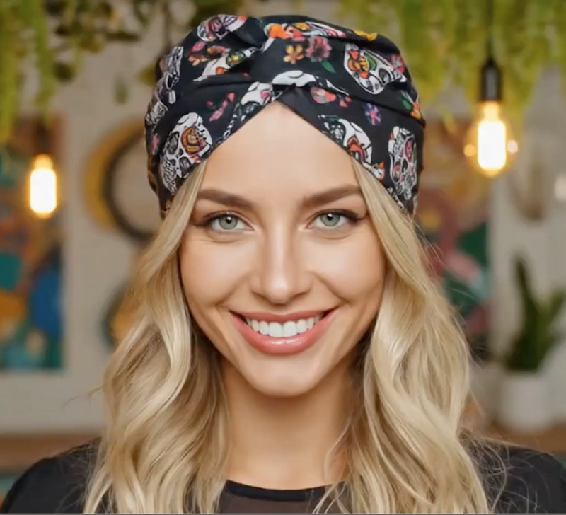 Femme blonde avec bandeau calaveras multicolore style bohème, accessoire mode original porté dans un bar ambiance festive.