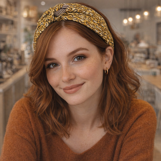 Femme souriante aux cheveux auburn cuivrés portant un bandeau élastiqué jaune à imprimé noir et violet, ambiance automnale chaleureuse, accessoire artisanal Happyfanny cousu à Lille.