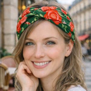 Femme souriante portant un bandeau vert à motif floral rouge, photographiée en terrasse de café. Accessoire cheveux tendance, style naturel et lumineux, idéal pour mettre en valeur un look casual chic.