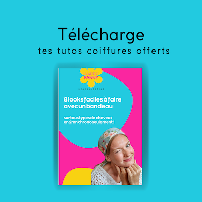 Affiche publicitaire Happyfanny Headbandstyle turquoise et rose présentant une femme souriante avec un bandeau coloré. Texte : “Télécharge tes tutos coiffures offerts – 8 looks faciles à faire avec un bandeau sur tous types de cheveux en 2 mn chrono”. Marque Happyfannyboutique, bandeaux artisanaux et tutos coiffure.